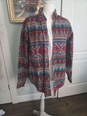 LL Bean Aztec Print Button-Up Jacket - Red & Blue Unisex Y2K Made In USA